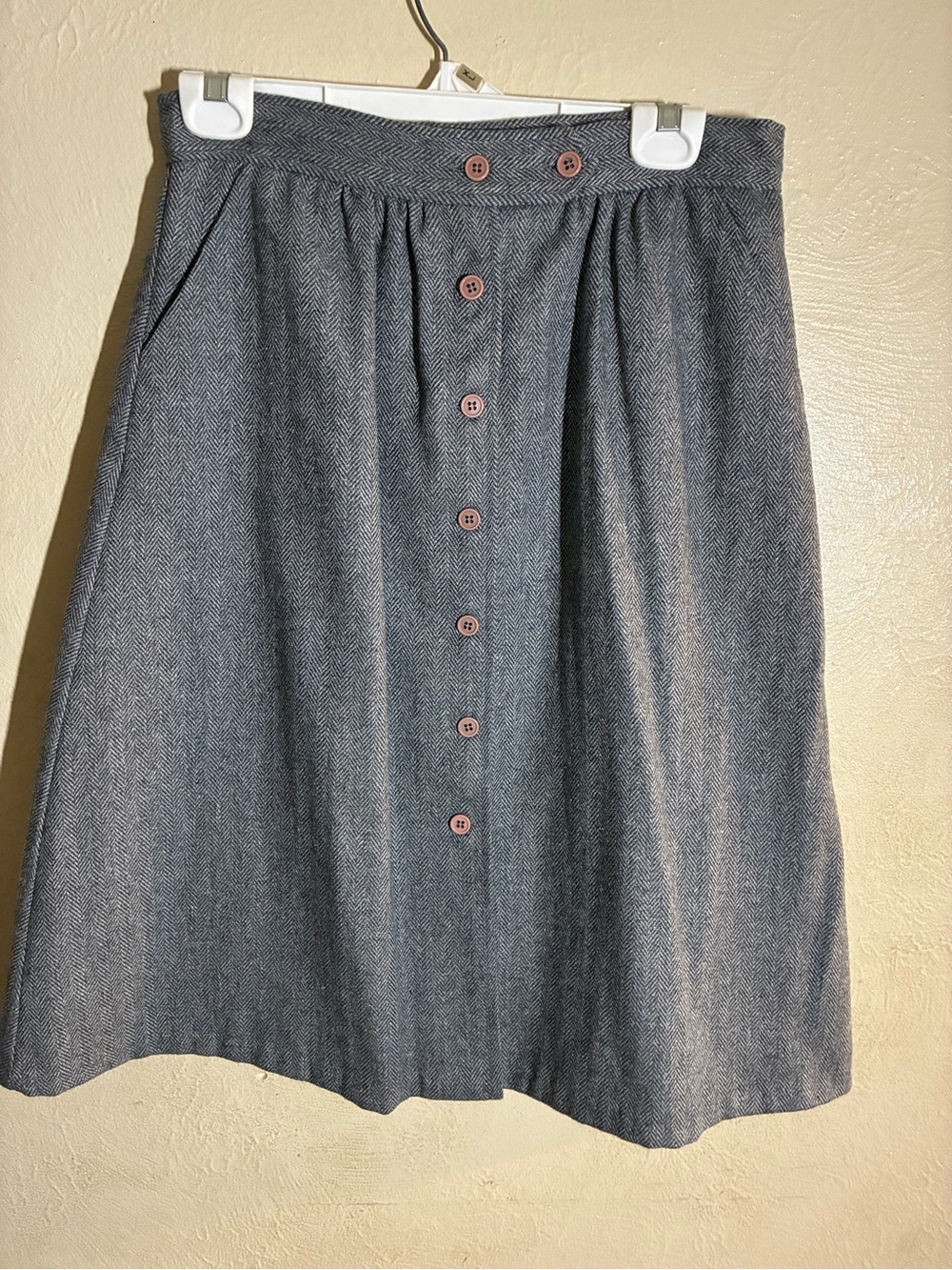 Vintage Classic High-Waist Button-Front Gray A-Line Skirt,Wool blend,Satin lined